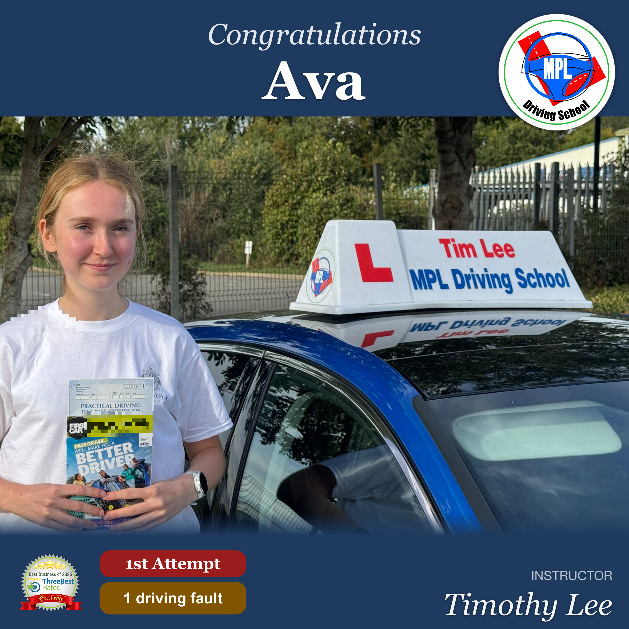 Driving test success for Ava