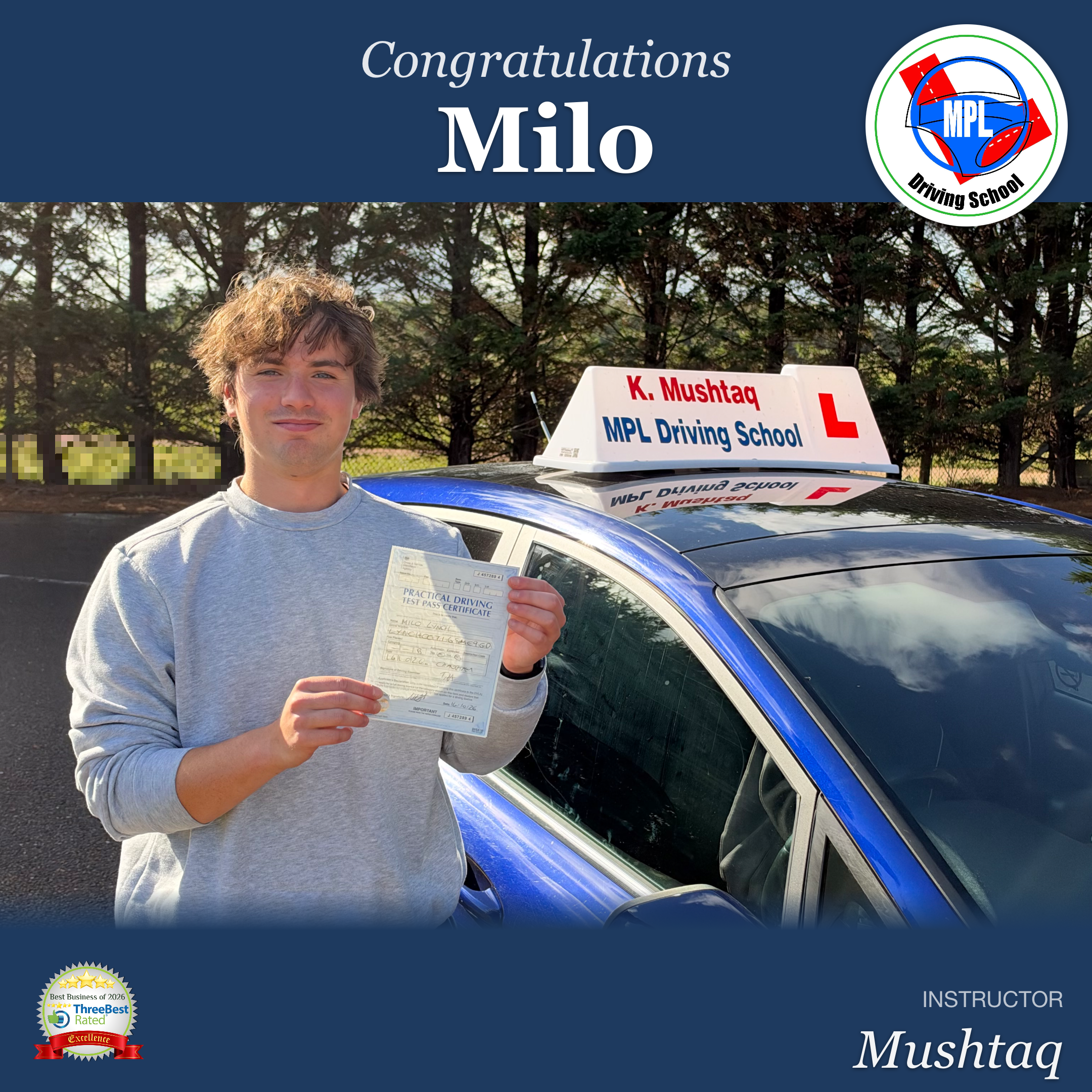 Driving test success for Milo